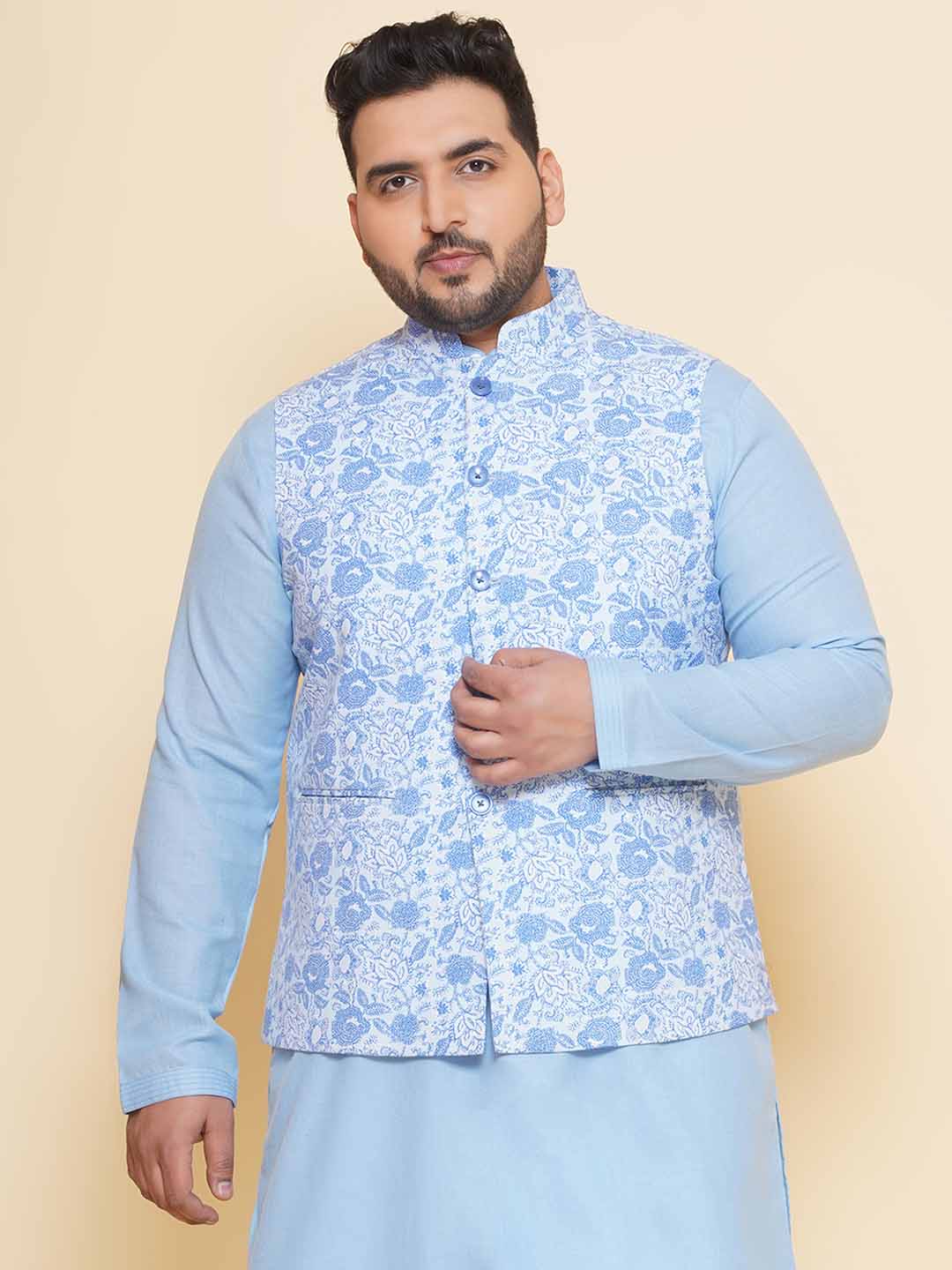 Blue Floral Printed Nehru Jacket