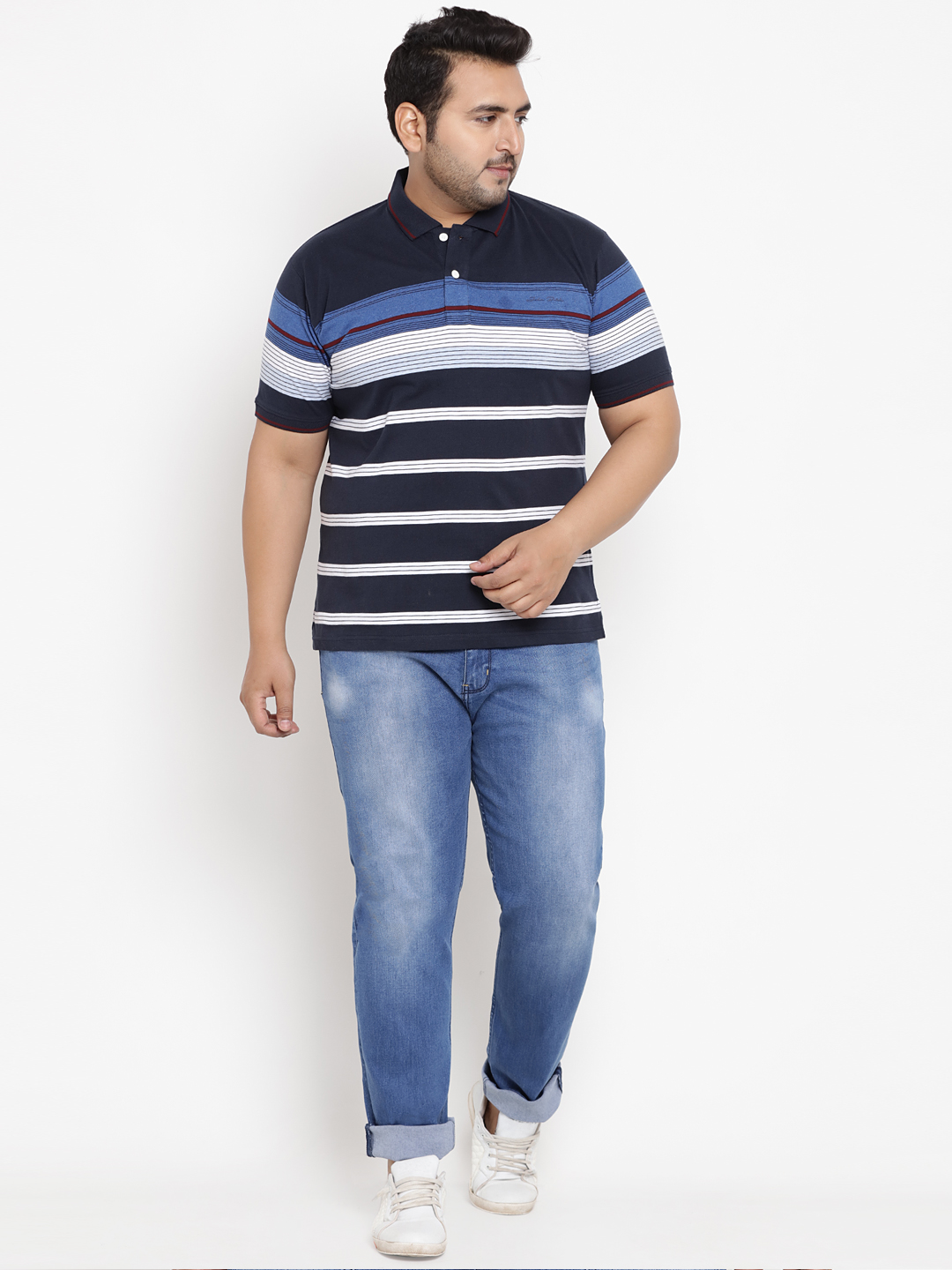 John Pride Navy Blue Stripes Blended Half Sleeves Stretchable Polo T-Shirts