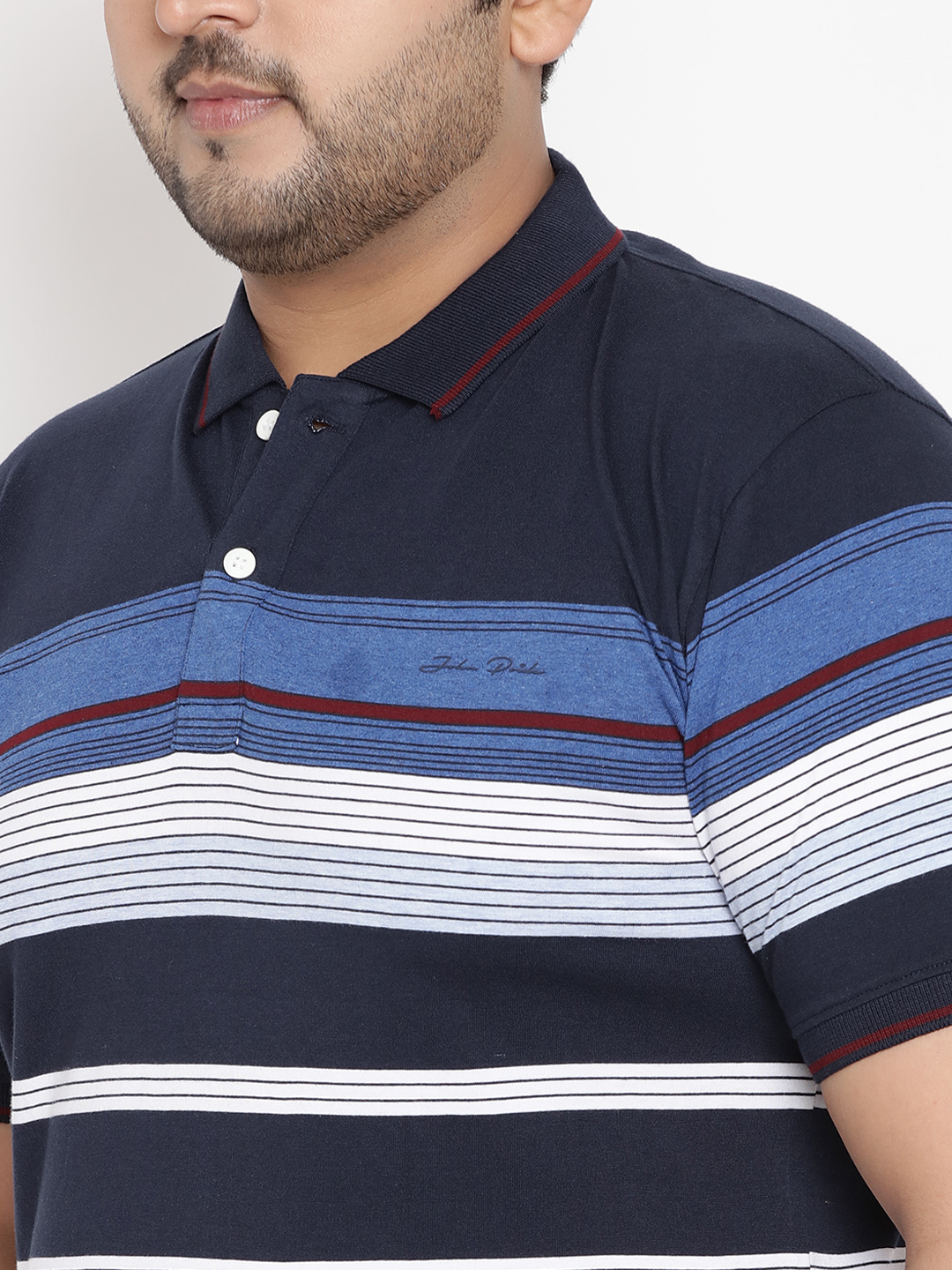 John Pride Navy Blue Stripes Blended Half Sleeves Stretchable Polo T-Shirts